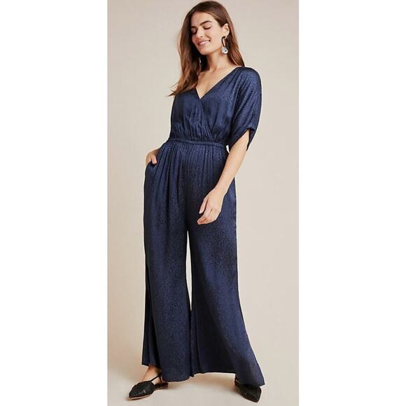Anthropologie Maeve Jacqueline Jacquard Jumpsuit XS Navy Blue Elegant Night Out - Picture 1 of 16